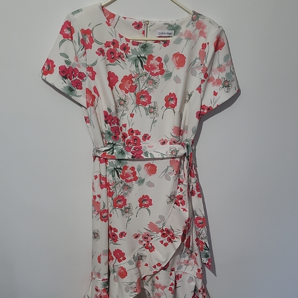 Calvin Klein Pink and Orange Wrap Midi Dress with Dolman Sleeves